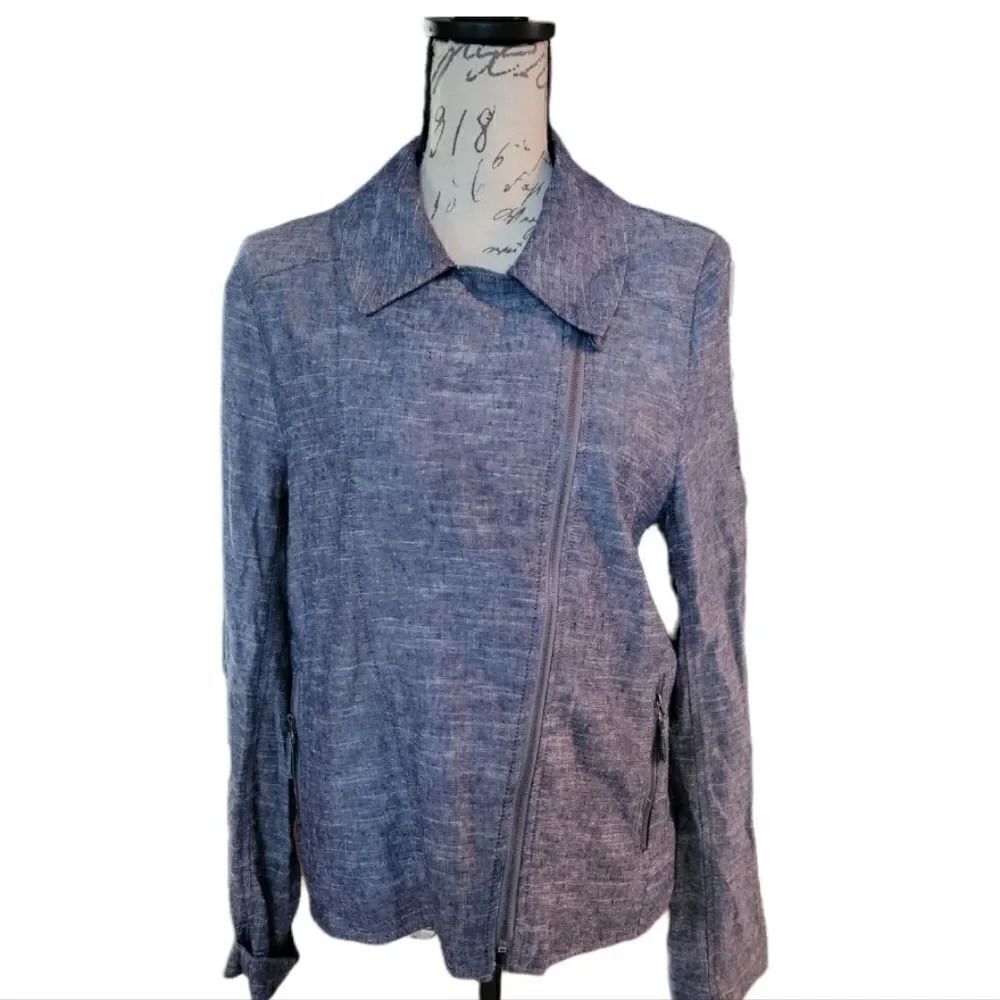 NWT Max Studio Ladies Blue Linen Blend Zip Up Jacket - Size Large